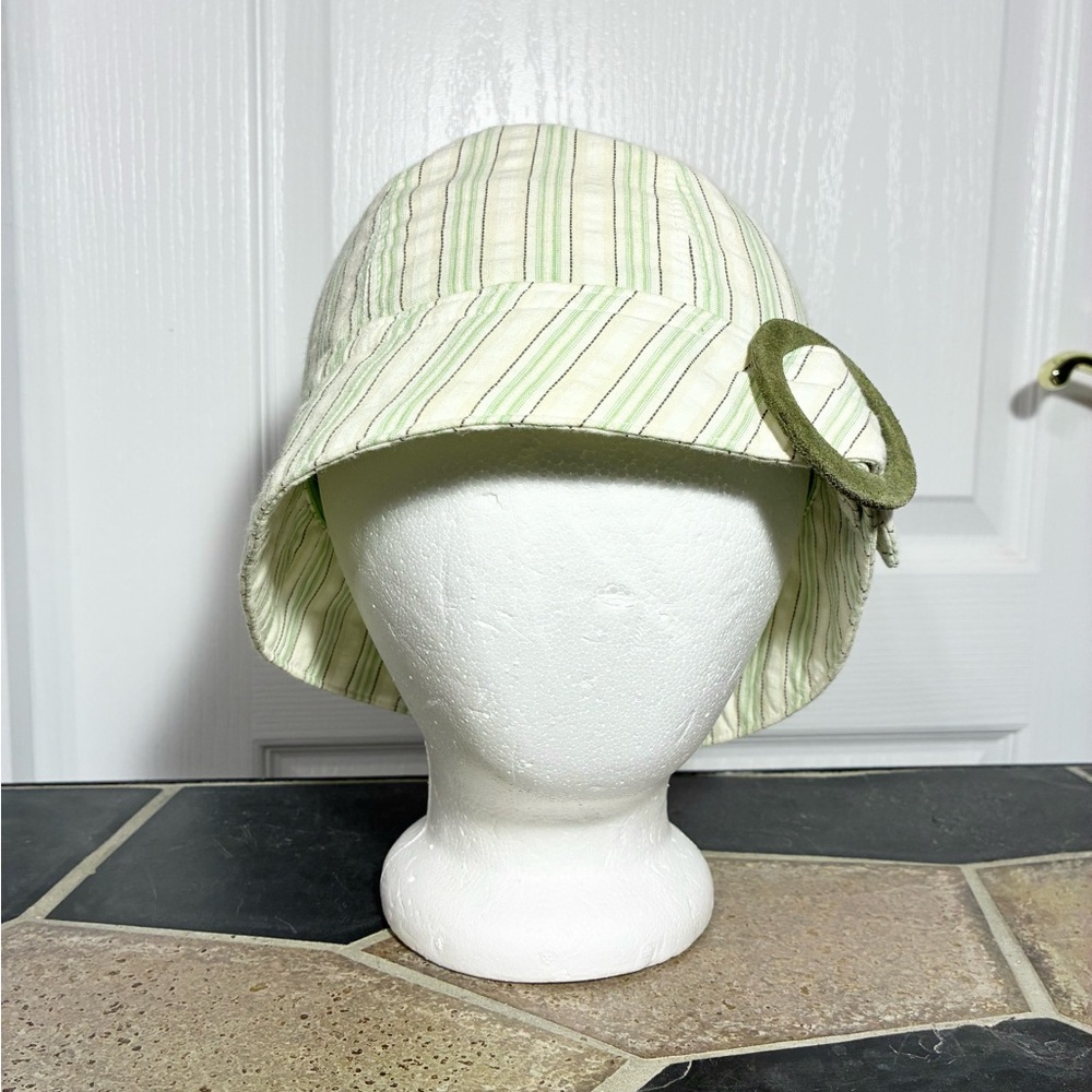 Anthro Hat Attack Green Stripe Cotton Cloche Hat w/ Suede Buckle